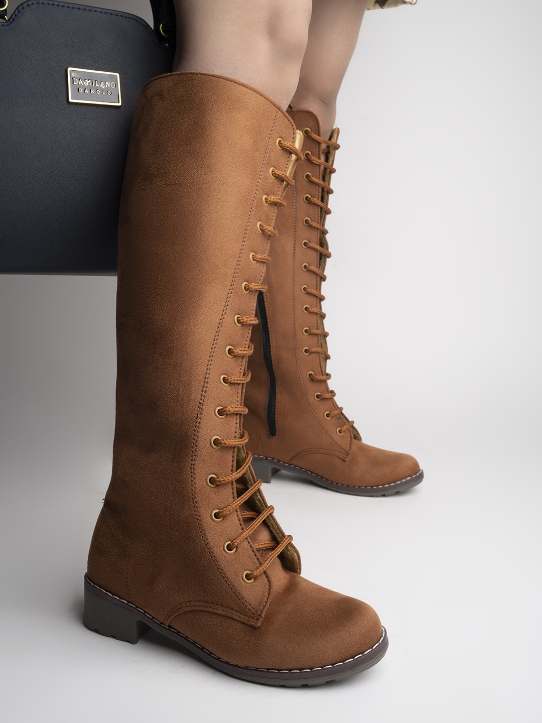 

Shoetopia Tan Suede High-Top Block Heeled Boots