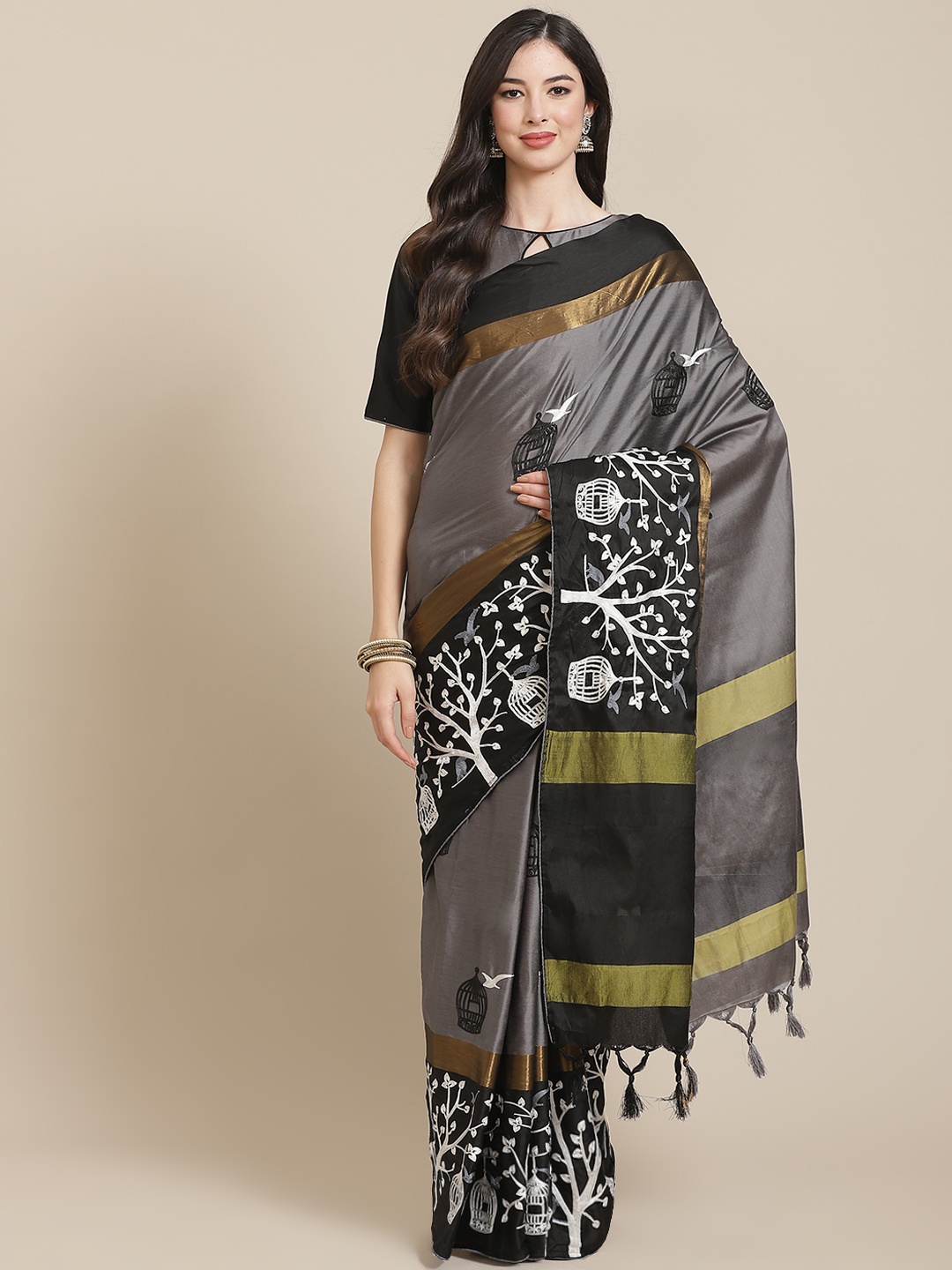 

SERONA FABRICS Grey & Black Embellished Embroidered Silk Cotton Ready to Wear Saree