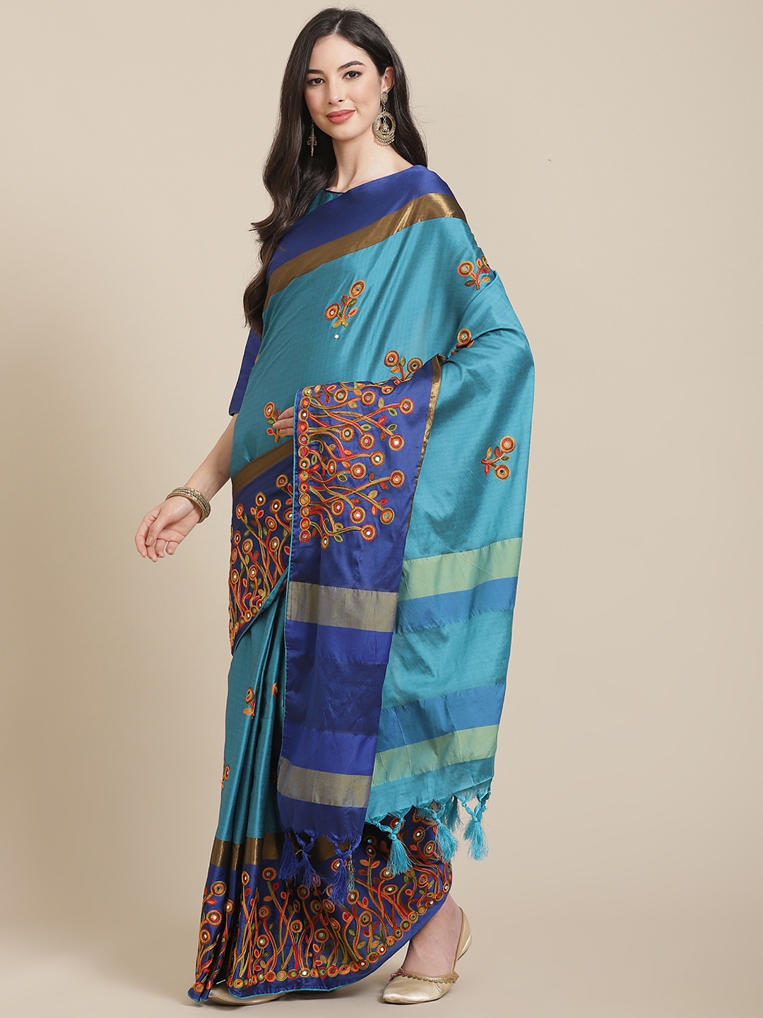 

SERONA FABRICS Turquoise Blue & Blue Embellished Mirror Work Silk Cotton Ready to Wear Saree