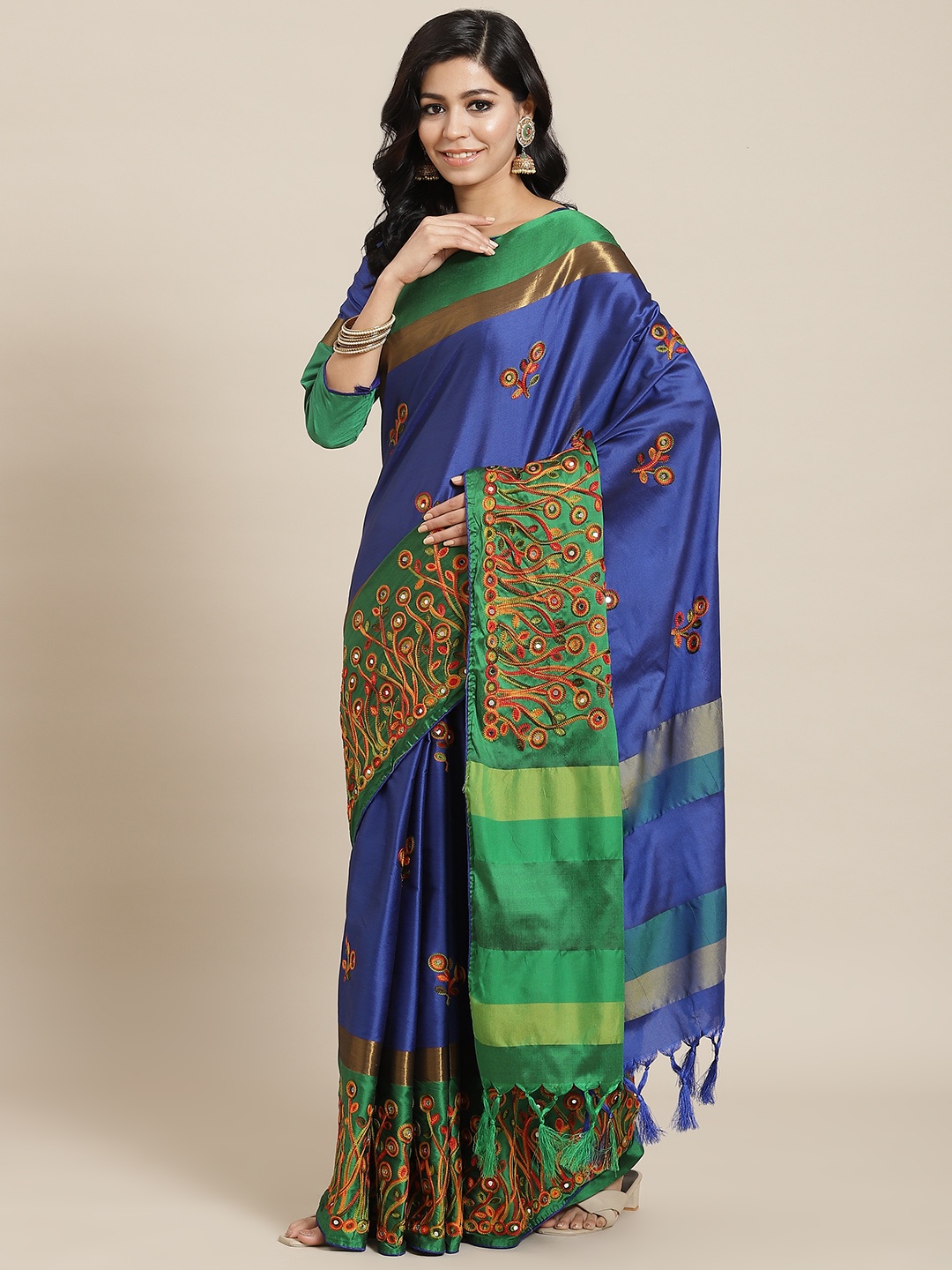 

SERONA FABRICS Blue Embellished Mirror Work Silk Cotton Ready to Wear Saree