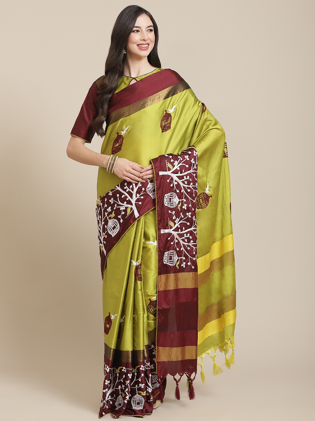 

SERONA FABRICS Green & Maroon Embellished Embroidered Silk Cotton Saree