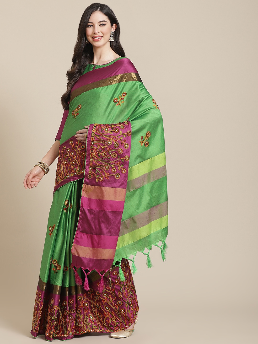 

SERONA FABRICS Green & Pink Embellished Mirror Work Silk Cotton Saree