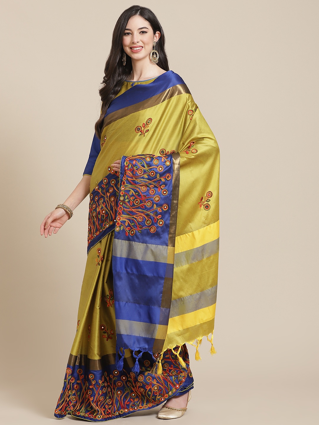 

SERONA FABRICS Yellow Embroidered Mirror Work Silk Cotton Ready to Wear Saree