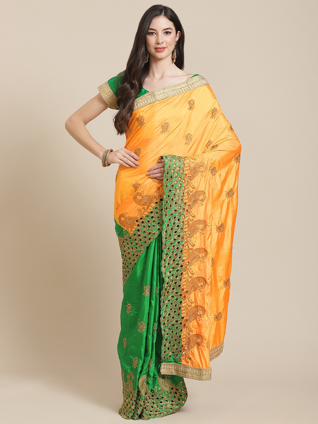 

SERONA FABRICS Yellow & Green Embellished Embroidered Silk Blend Half and Half Saree