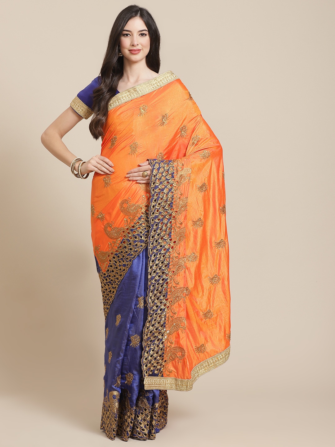 

SERONA FABRICS Orange & Blue Sana Silk With Zari Embroidery Half and Half Saree