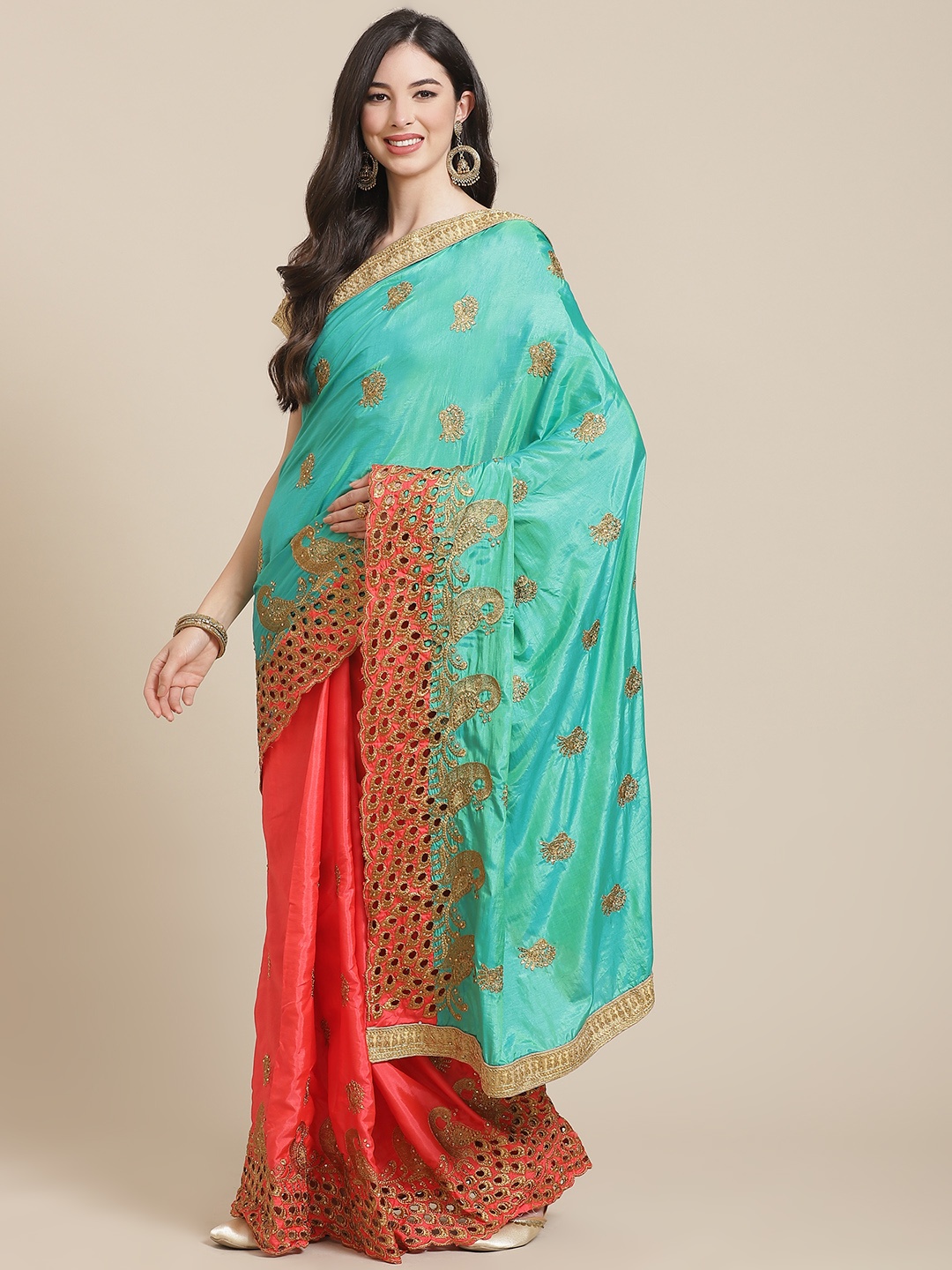 

SERONA FABRICS Turquoise Blue & Peach Sana Silk Zari Embroidery Half and Half Saree