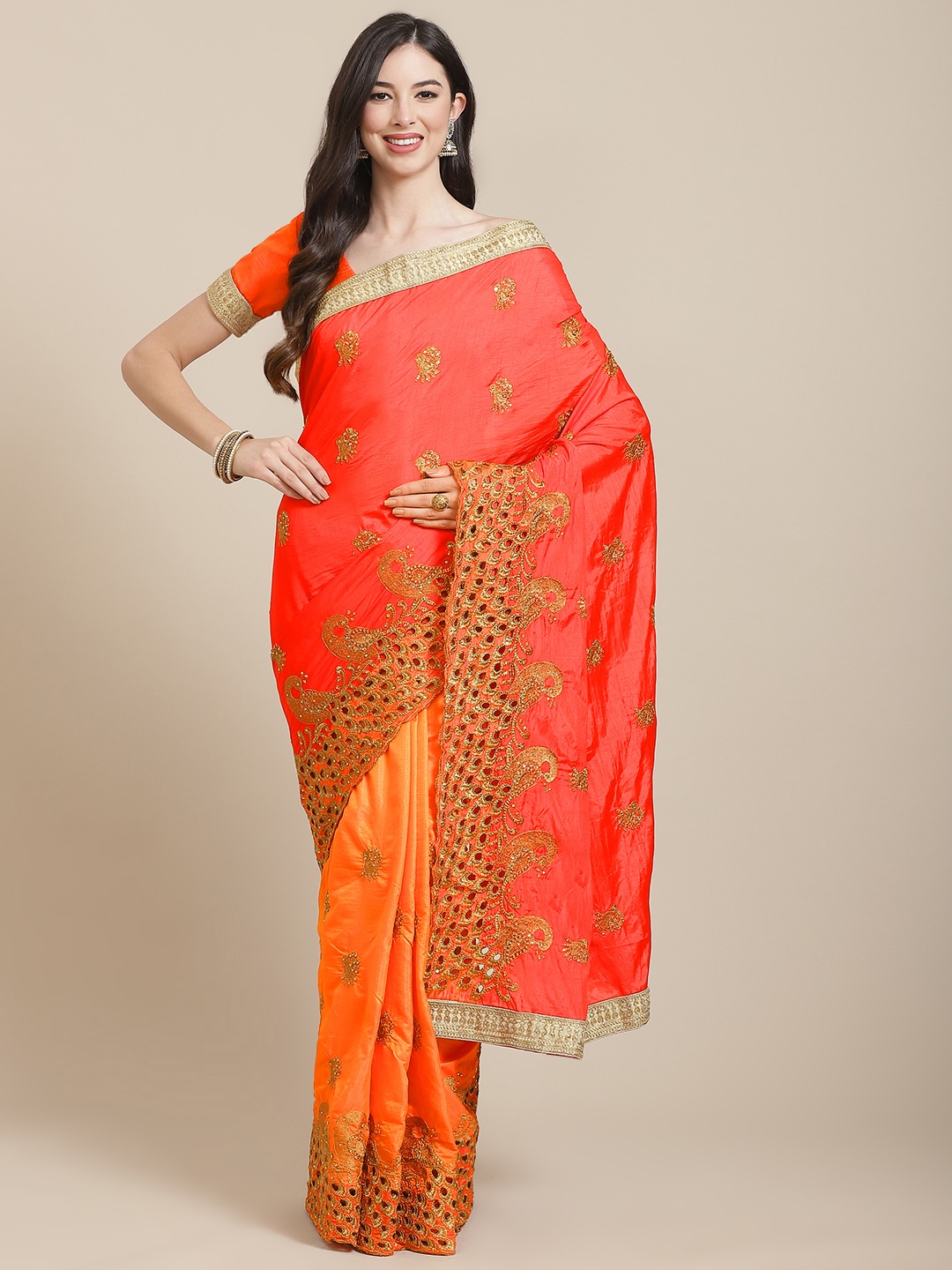 

SERONA FABRICS Red & Orange Sana Silk With Zari Embroidery Half and Half Saree