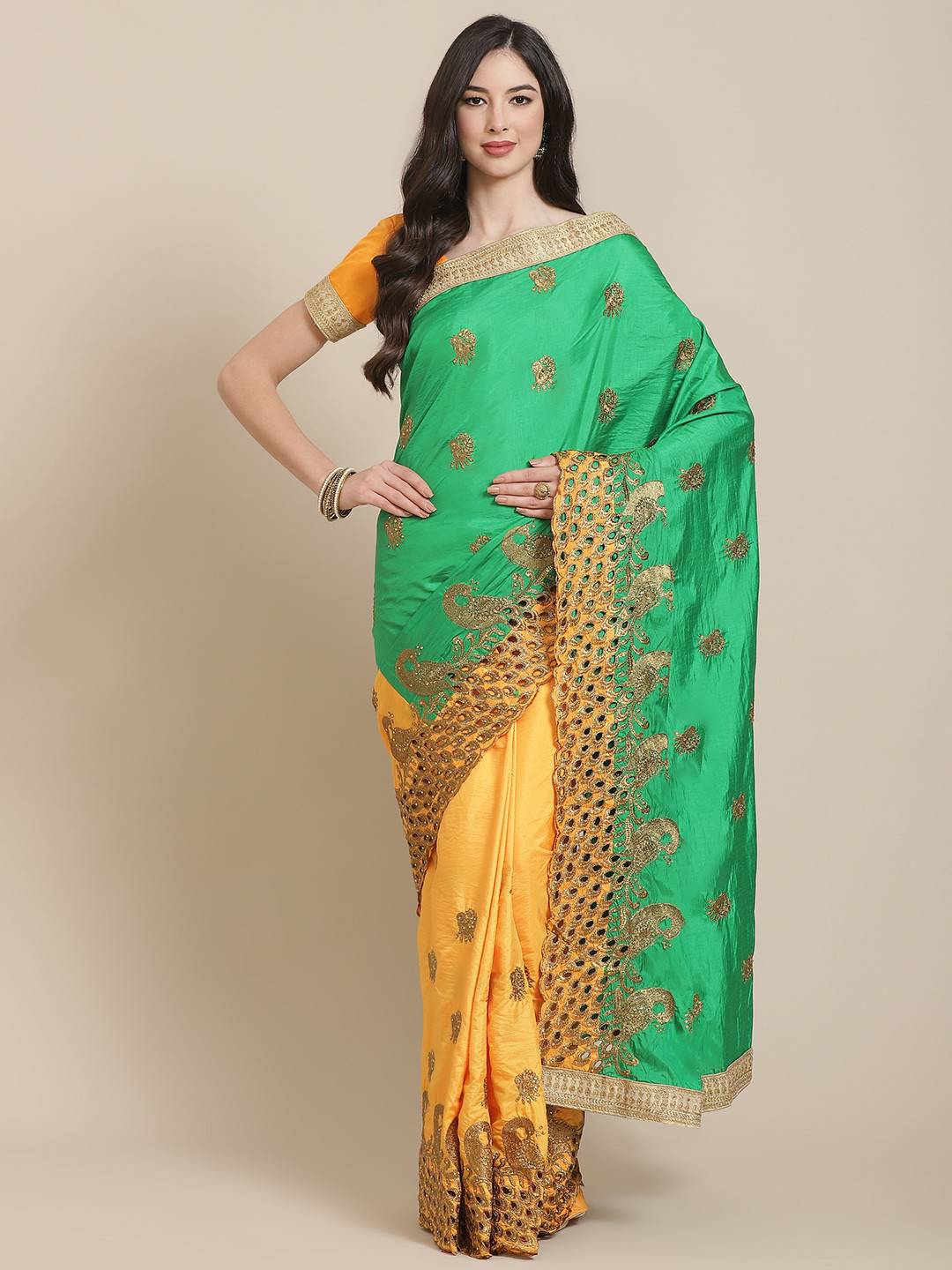 

SERONA FABRICS Green & Yellow Embellished Embroidered Silk Blend Half and Half Saree