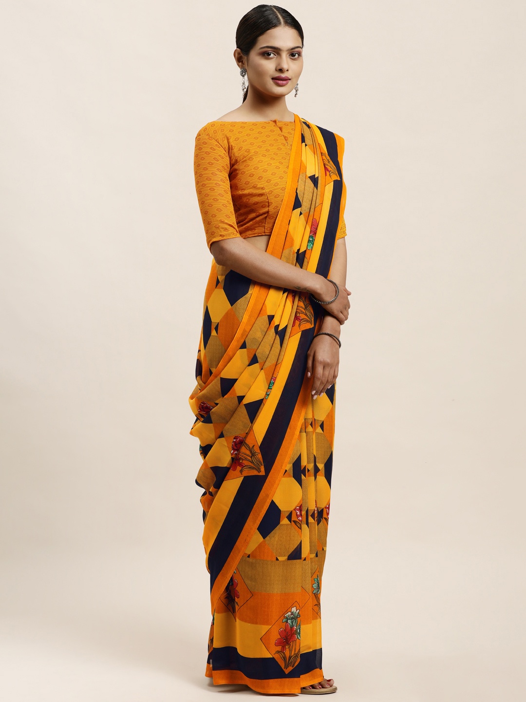 

KALINI Yellow & Navy Blue Printed Saree