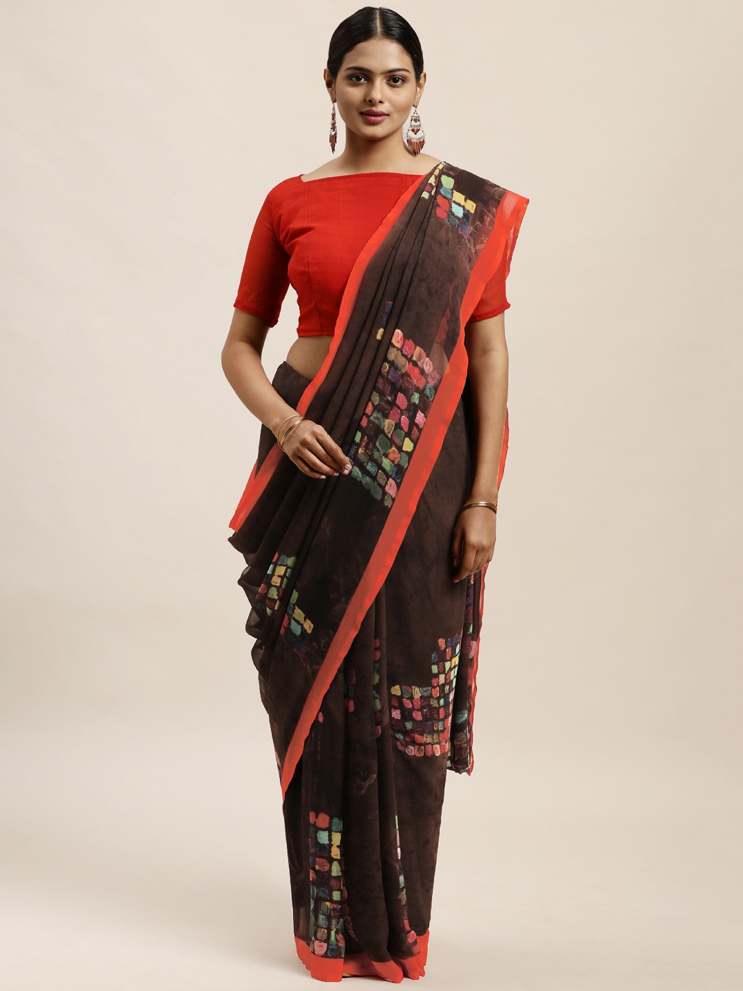 

KALINI Coffee Abstract Printed Brown Saree, Coffee brown