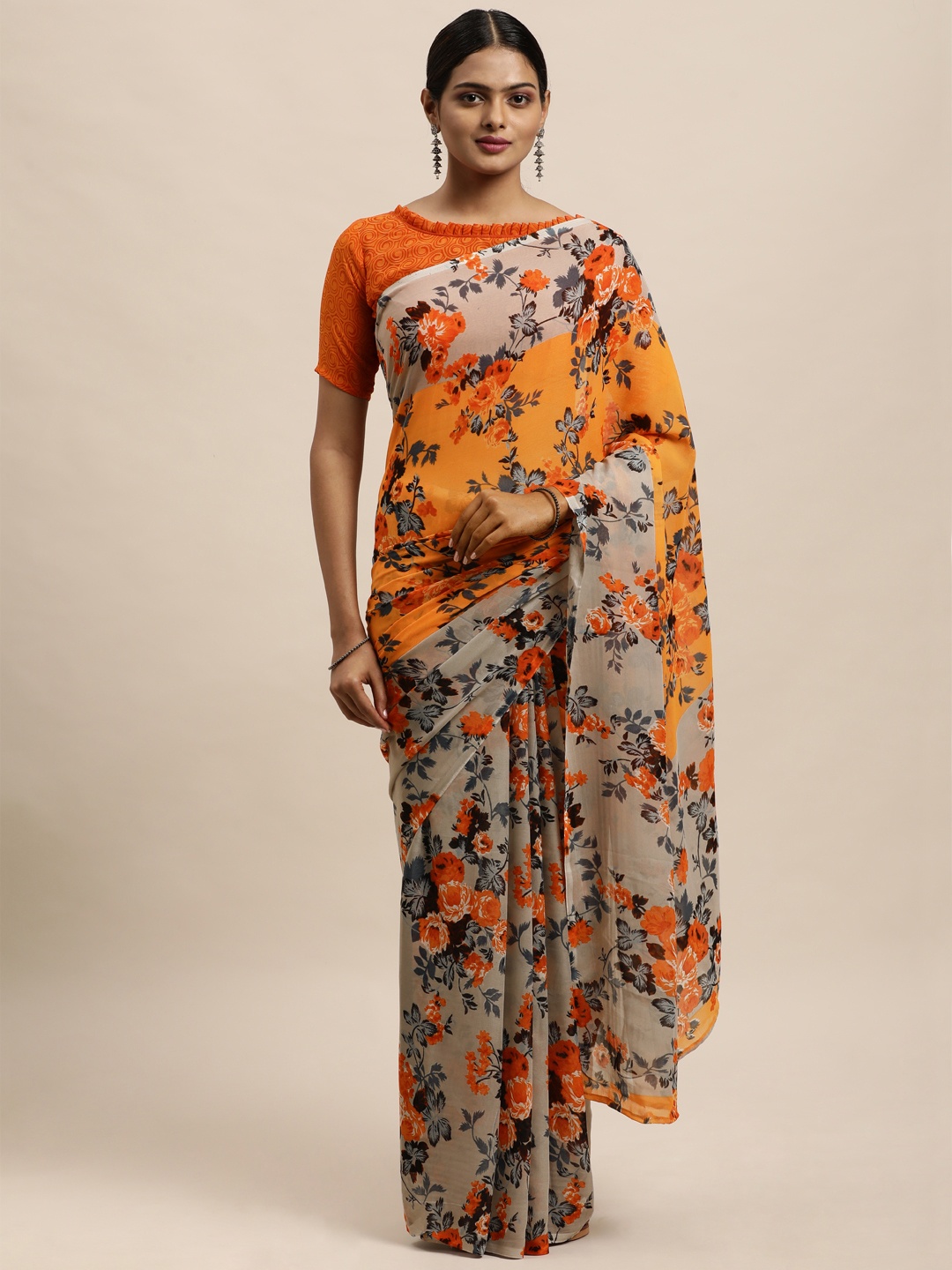 

KALINI Orange & Grey Floral Saree
