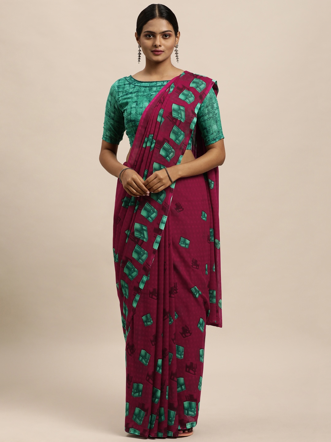 

KALINI Burgundy & Green Abstract Printed Saree