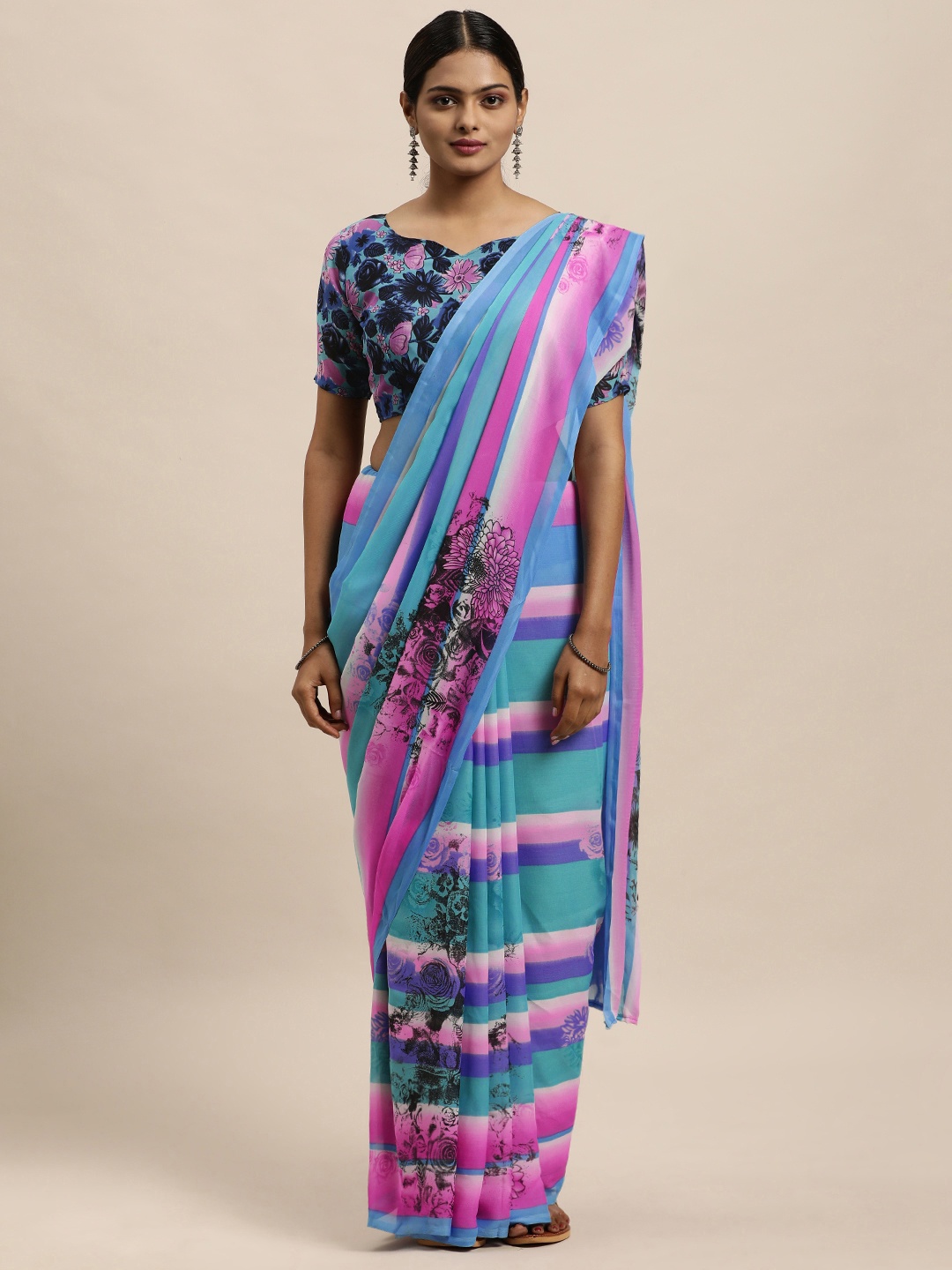 

KALINI Blue & Purple Floral Striped Saree