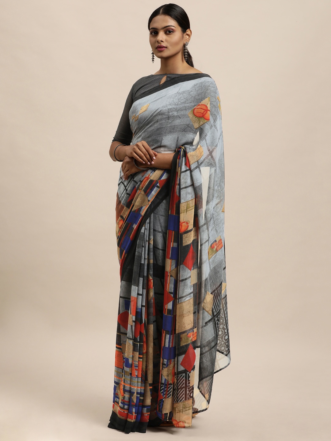 

KALINI Grey Abstract Floral Saree