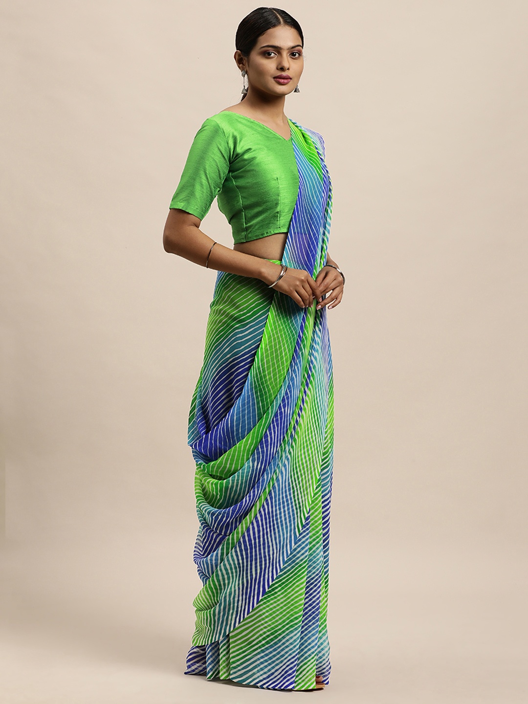 

KALINI Blue & Green Leheriya Saree