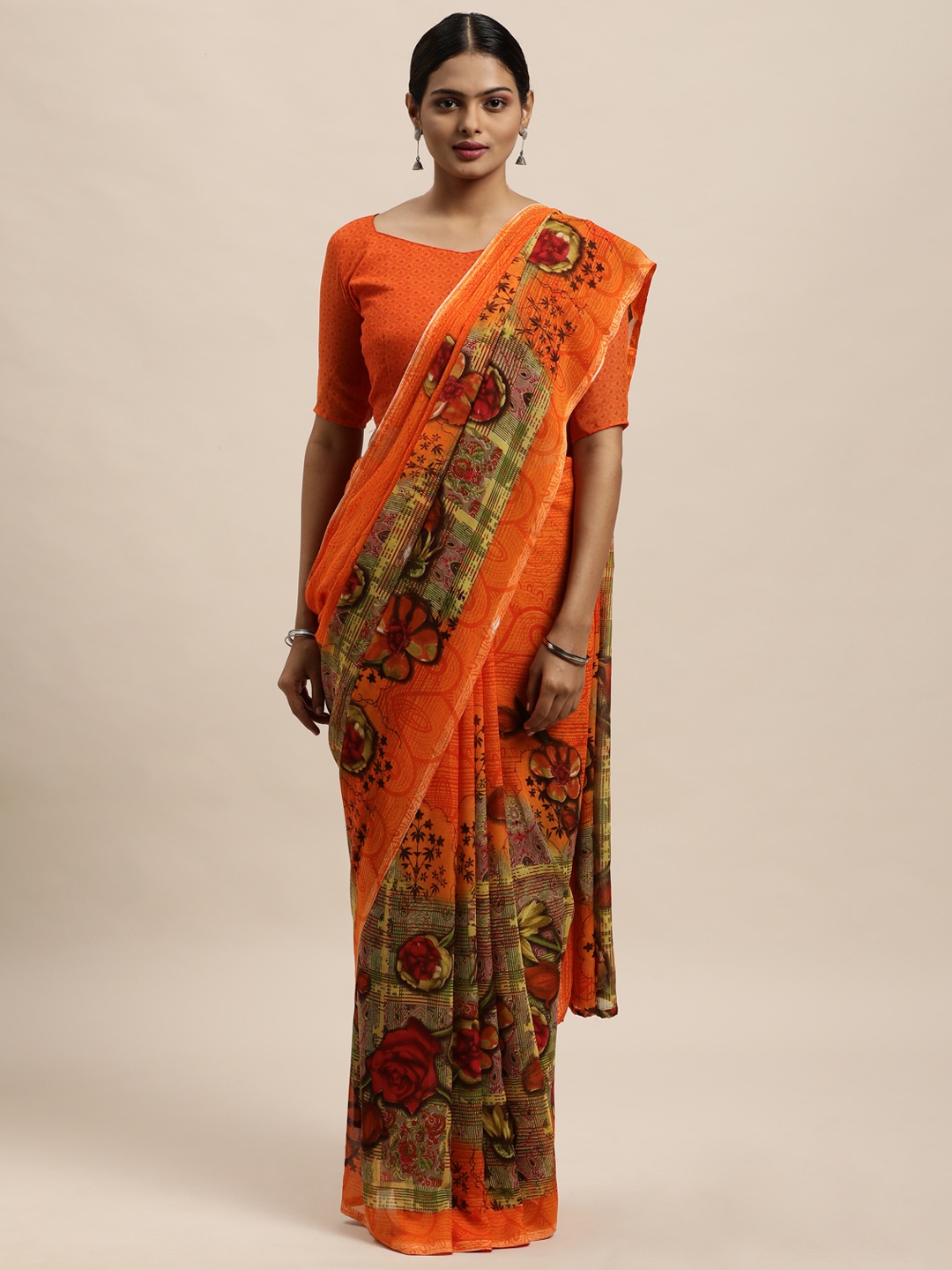 

KALINI Orange Floral Saree