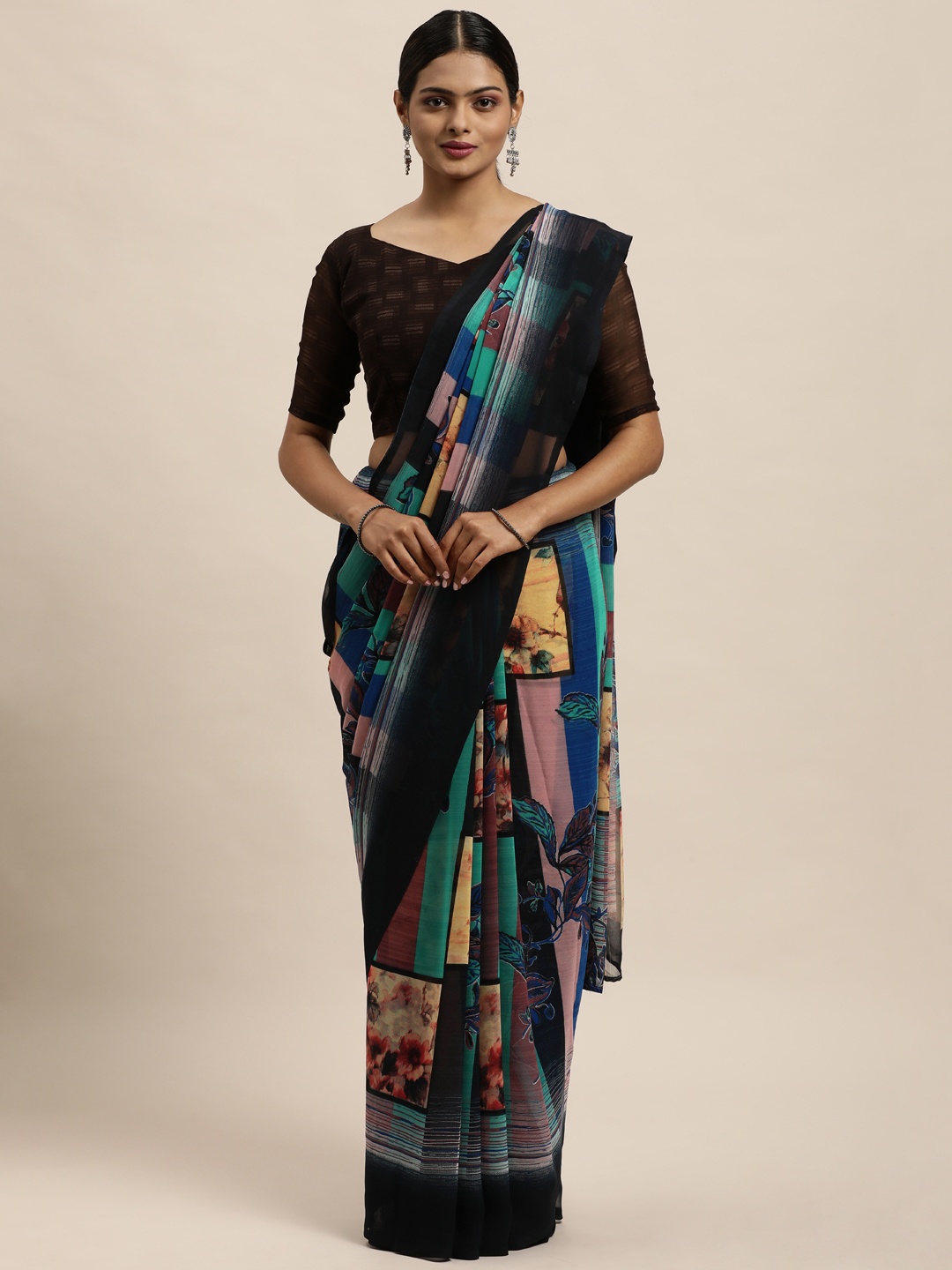 

KALINI Turquoise Blue & Black Floral Saree