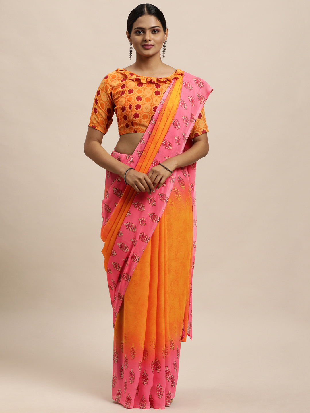 

KALINI Orange Ethnic Motifs Saree