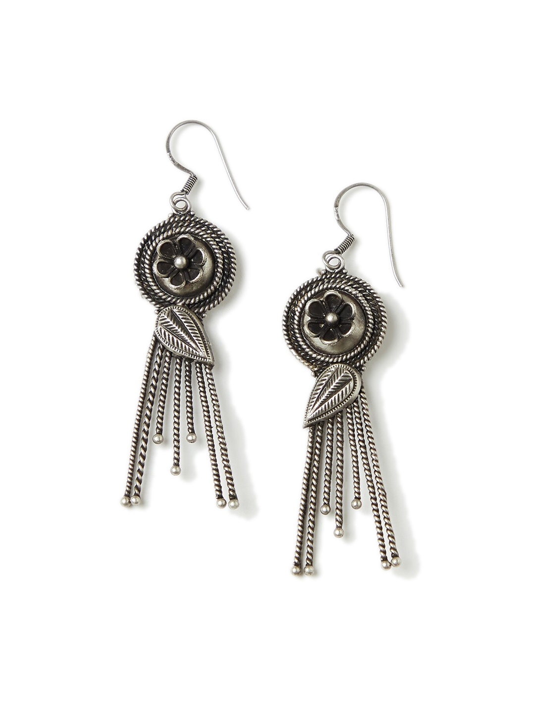 

Fabindia Silver-Plated Oxidised Sterling Silver Handcrafted Floral Design Drop Earrings