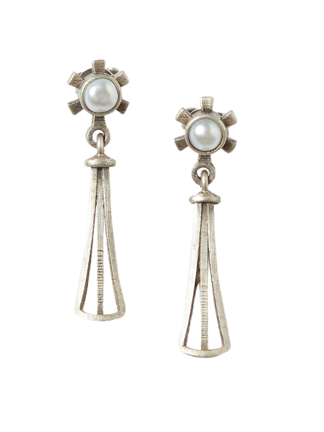 

Fabindia White Silver-Plated Oxidised Sterling Silver Geometric Design Drop Earrings