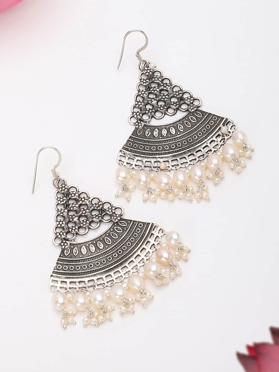 

Fabindia Silver-Plated Sterling Silver Oxidized Beaded Chandbali Earrings