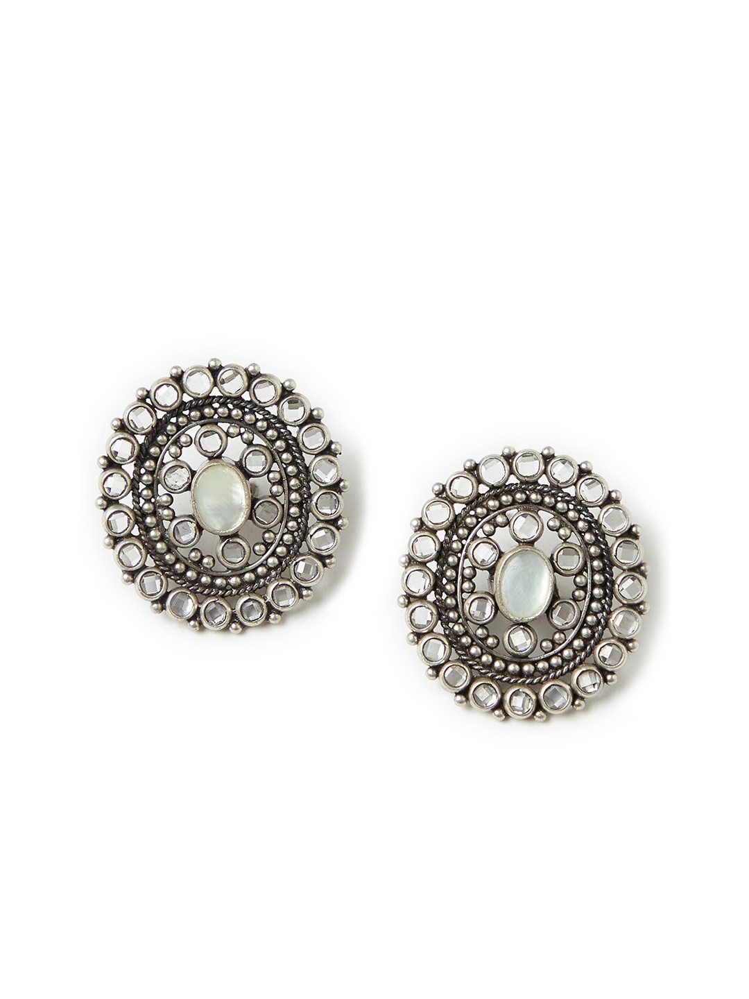 

Fabindia White Oxidized Silver-Plated Handcrafted Oversized Oval Studs Earrings