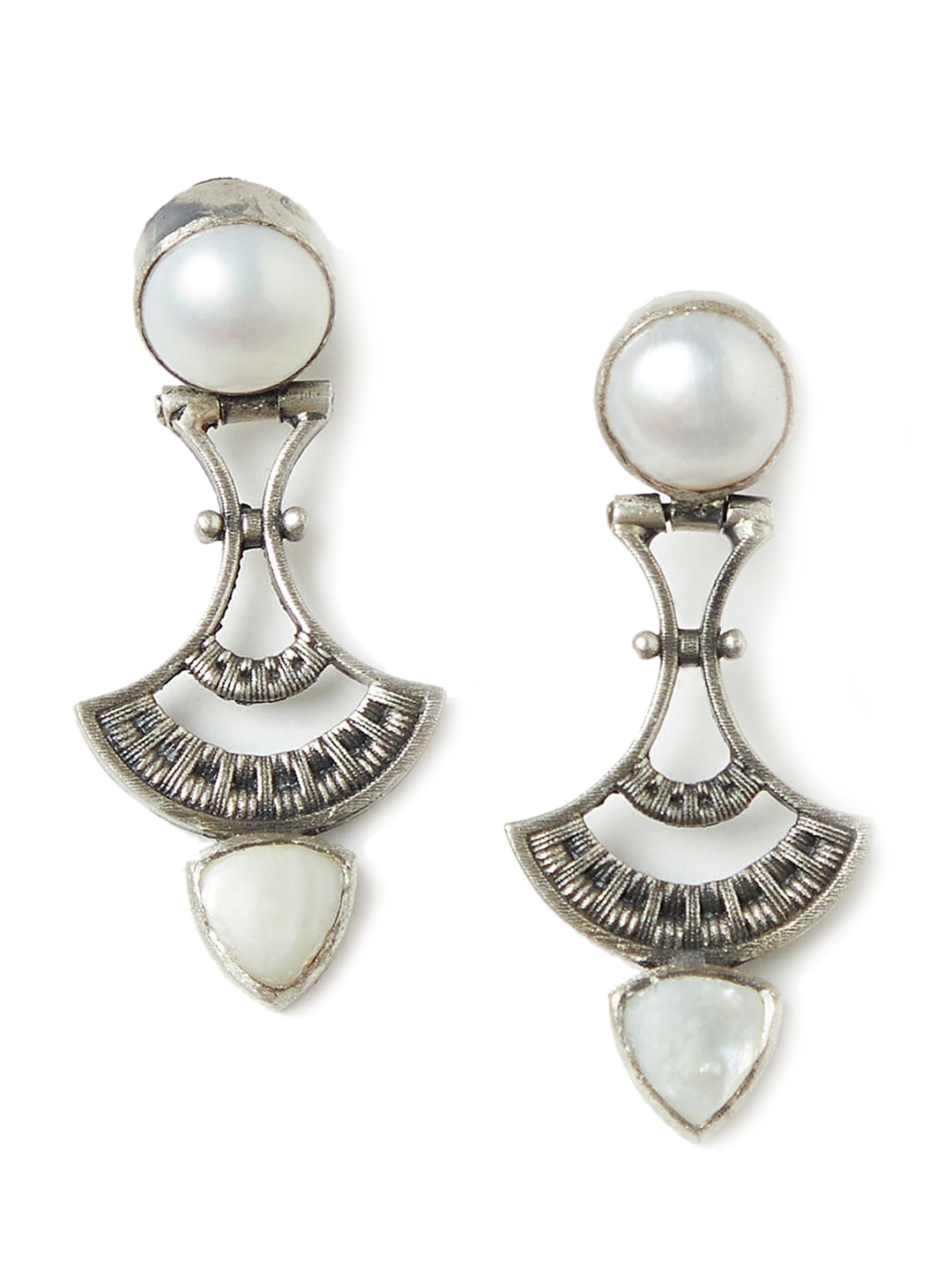 

Fabindia White Oxidized Silver-Plated Handcrafted Classic Drop Earrings