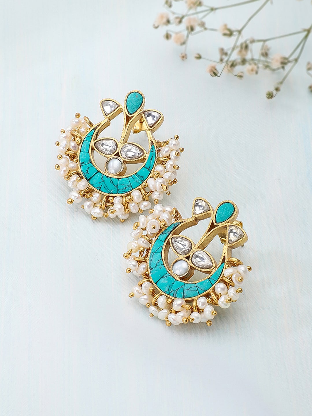 

Fabindia White & Turquoise Blue Gold-Plated Sterling Silver Handcrafted Drop Earrings
