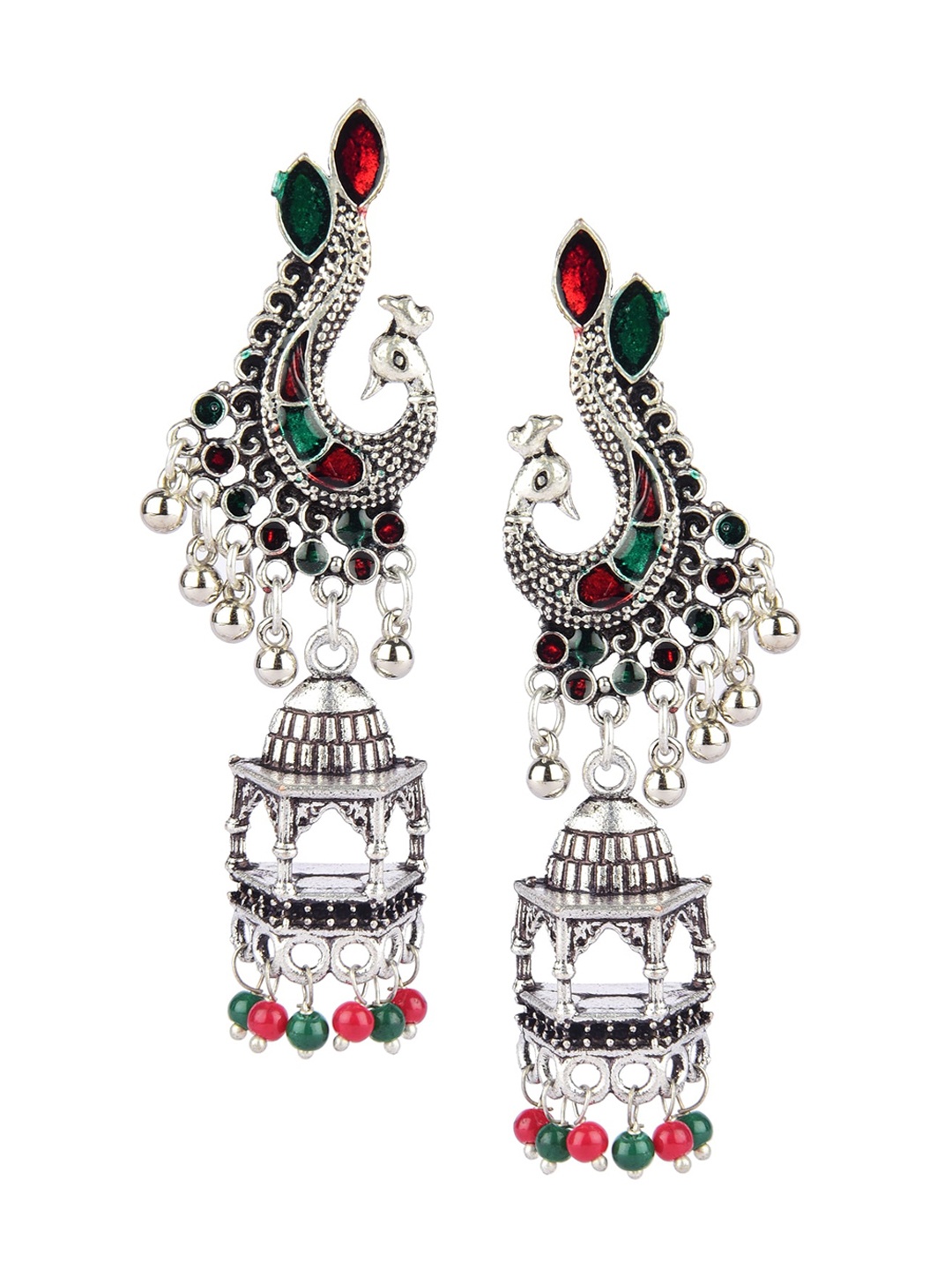 

DESI COLOUR Silver-Toned Peacock Shaped Chandbalis Earrings