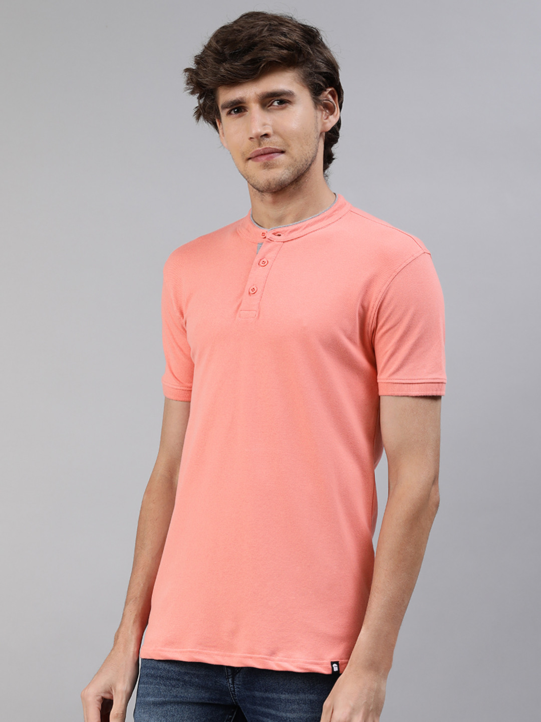 

The Souled Store Men Pink Mandarin Collar T-shirt
