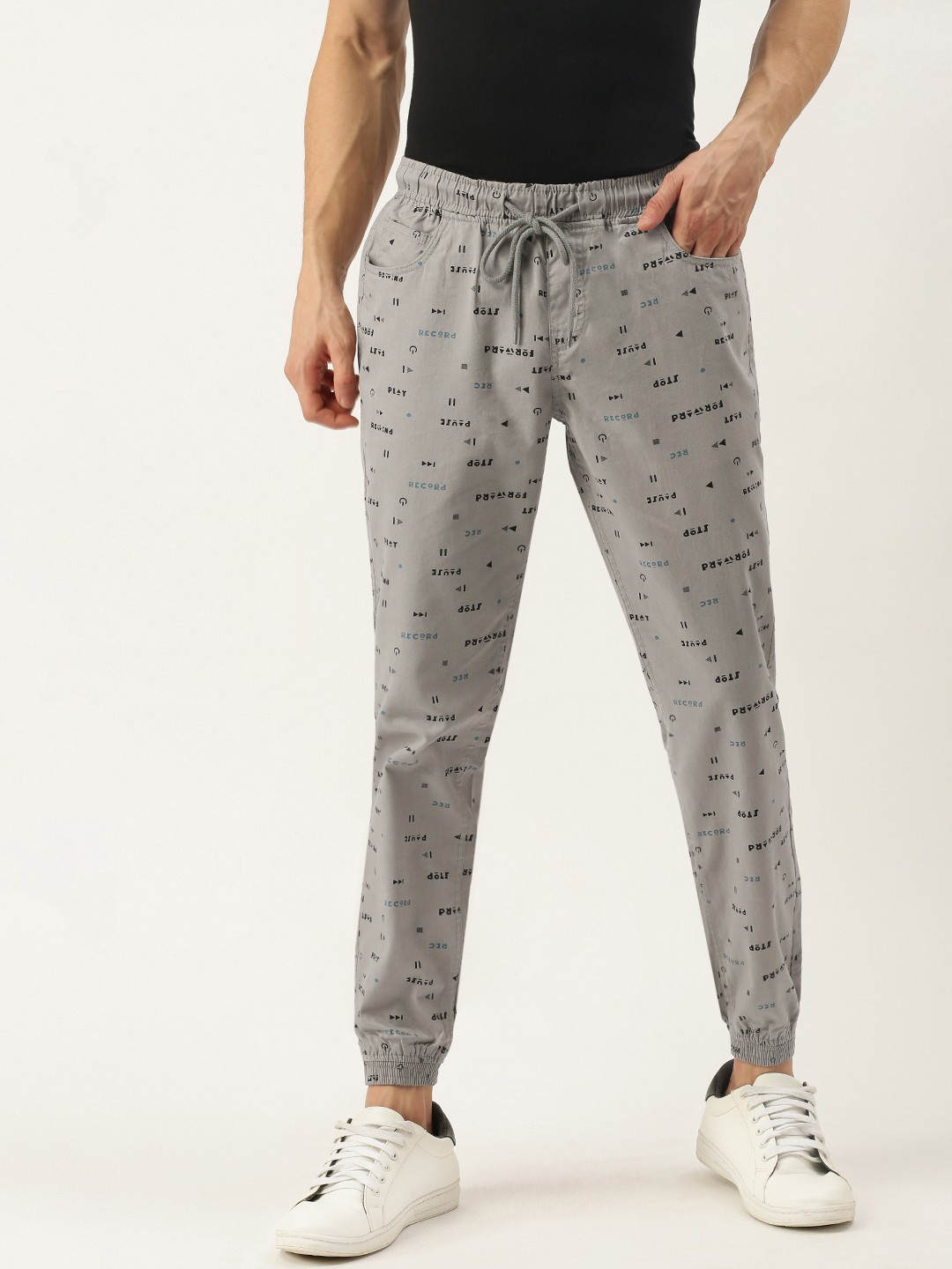 

IVOC Men Grey Printed Slim Fit Joggers Trousers