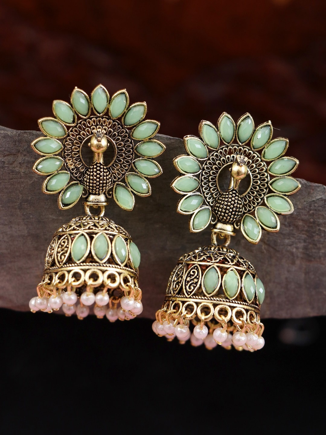 

Crunchy Fashion Gold-Plated Green Dome Shaped Jhumkas