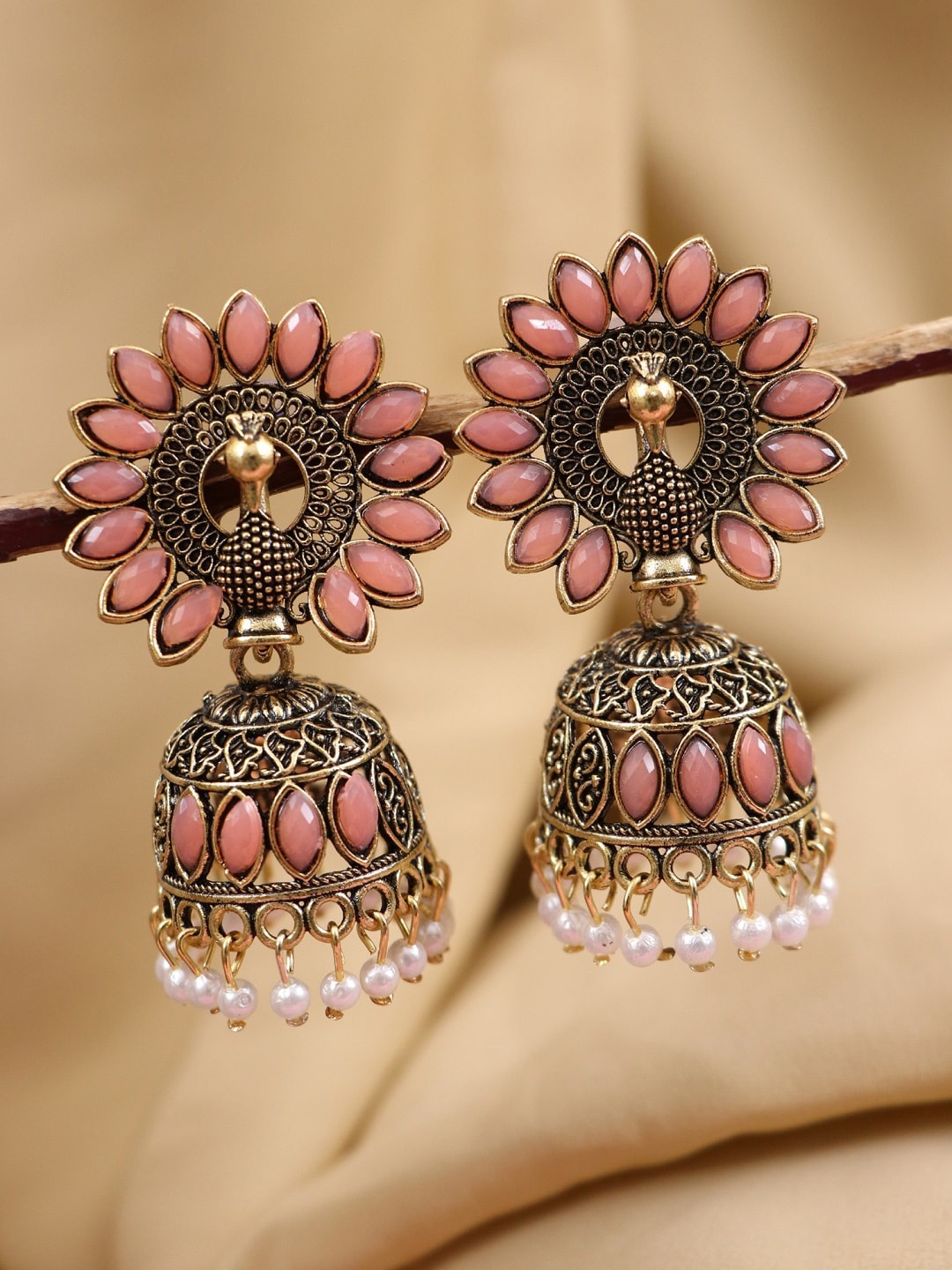 

Crunchy Fashion Pink & Silver-Toned Gold-Plated Antique Dome Shaped Jhumkas Earrings