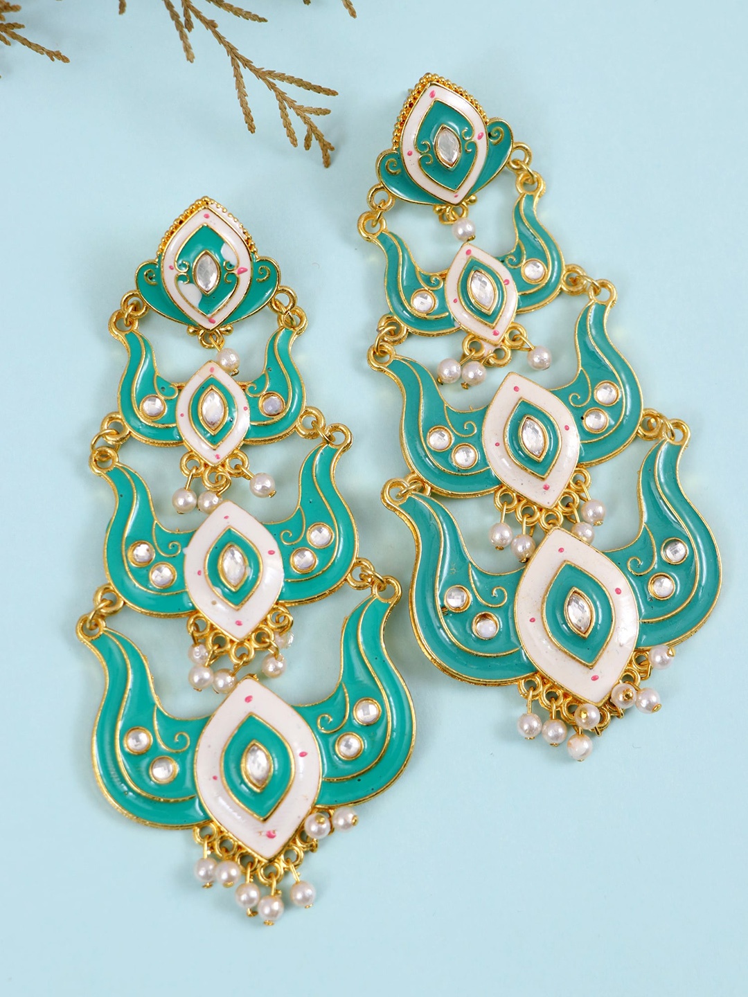 

Crunchy Fashion Gold-Plated & Green Meenakari Layered Classic Drop Earrings