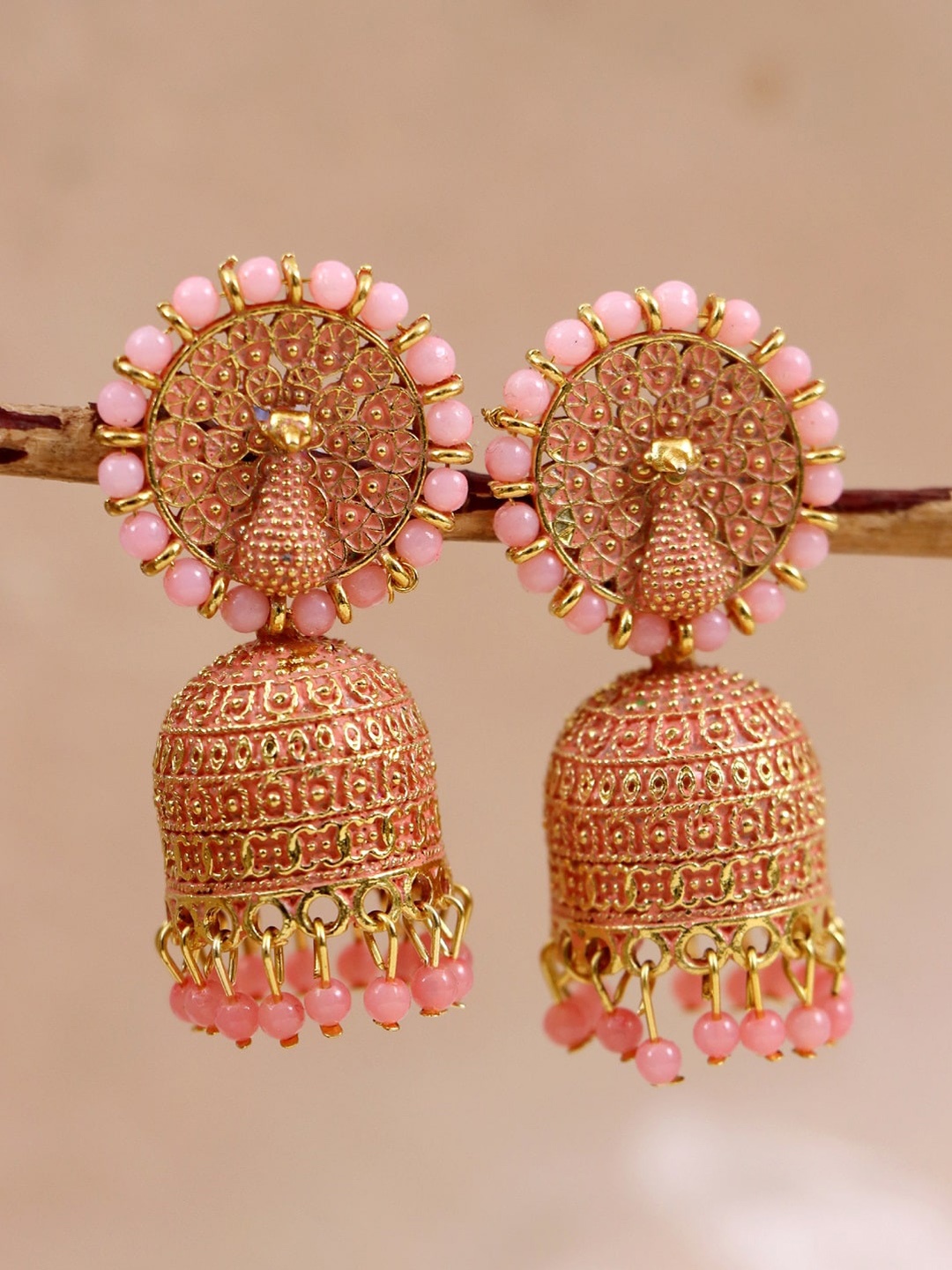 

Crunchy Fashion Woman Peach Peacock Jhumkas Earrings