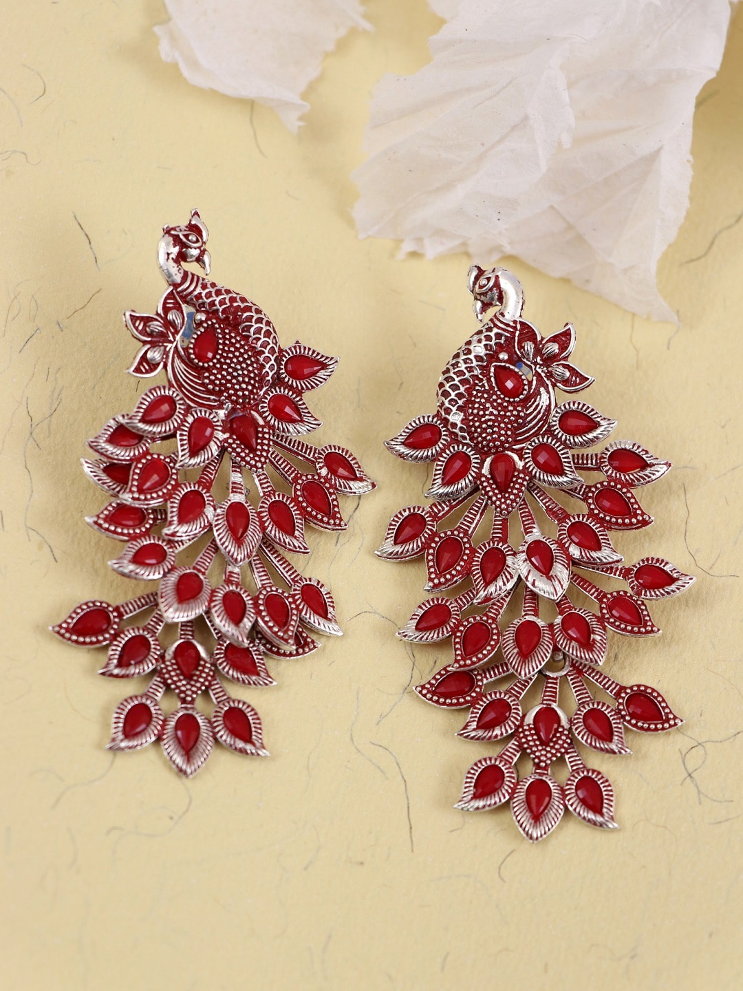 

Crunchy Fashion Maroon & Silver-Plated Peacock Shaped Drop Earrings