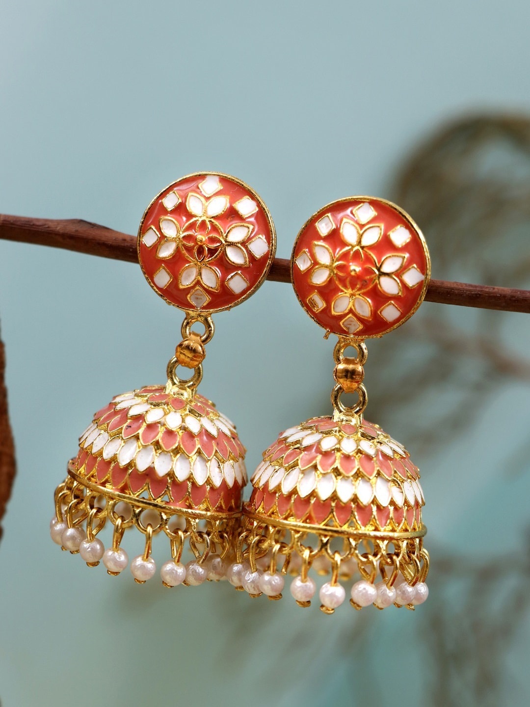 

Crunchy Fashion Woman Pink Meenakari Jhumkas Earrings