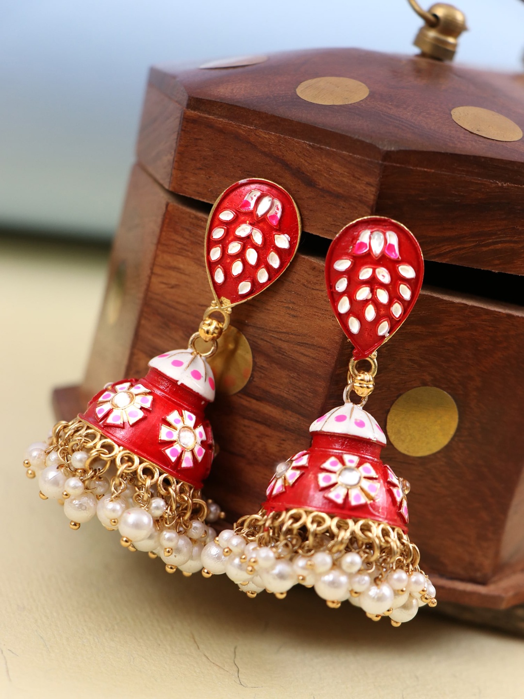 

Crunchy Fashion Gold Plated Red Classic Jhumkas Earrings