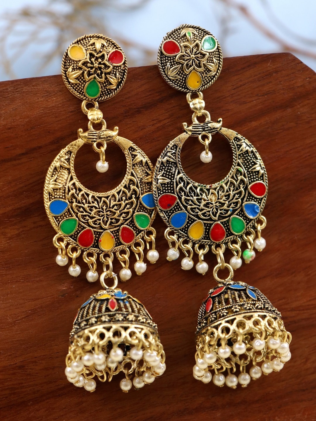 

Crunchy Fashion Woman Multicoloured Oxidised Antique Jhumkas Earrings, Multi