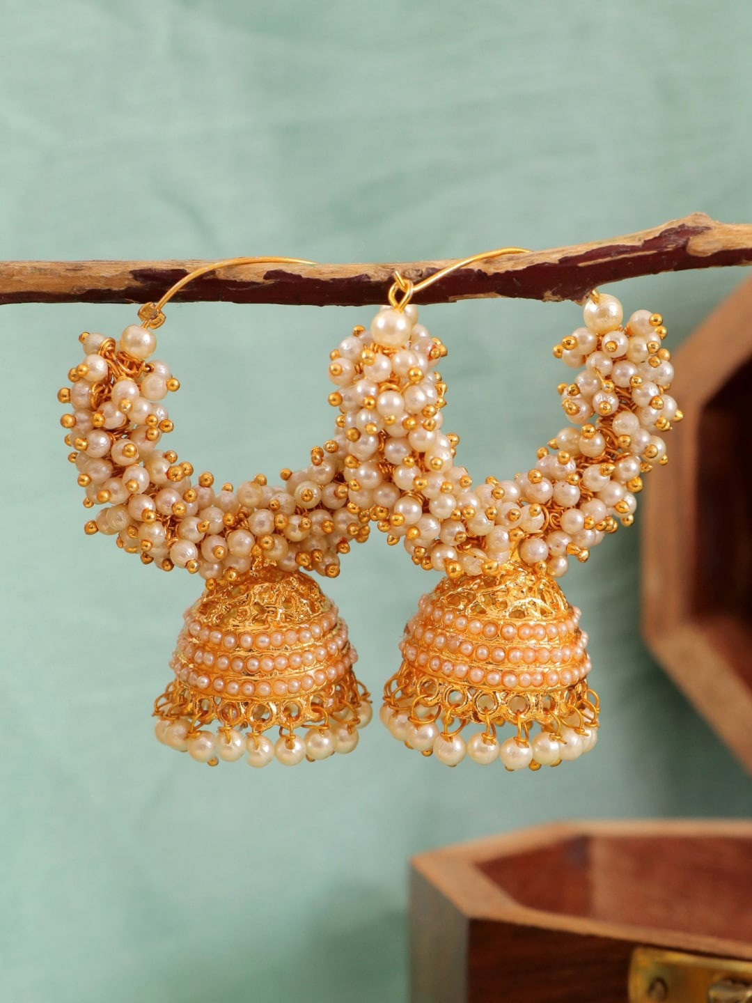 

Crunchy Fashion Gold-Plated & White Dome Shaped Jhumkas Earrings