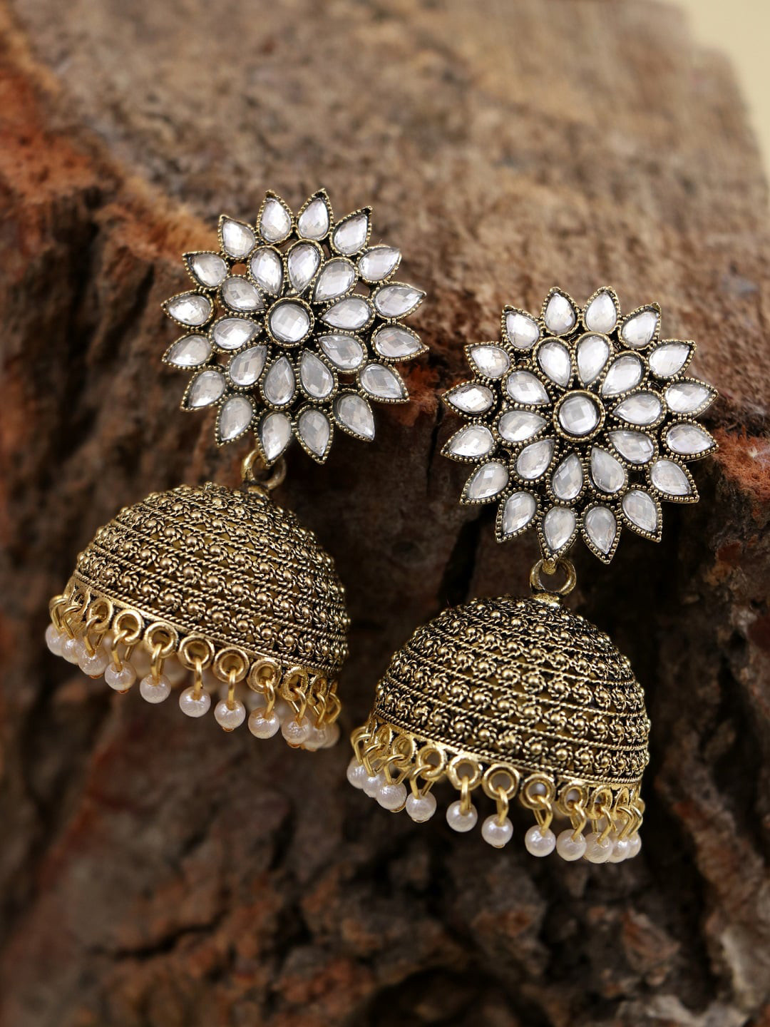 

Crunchy Fashion Gold-Plated & White Oxidized Dome Shaped Jhumkas