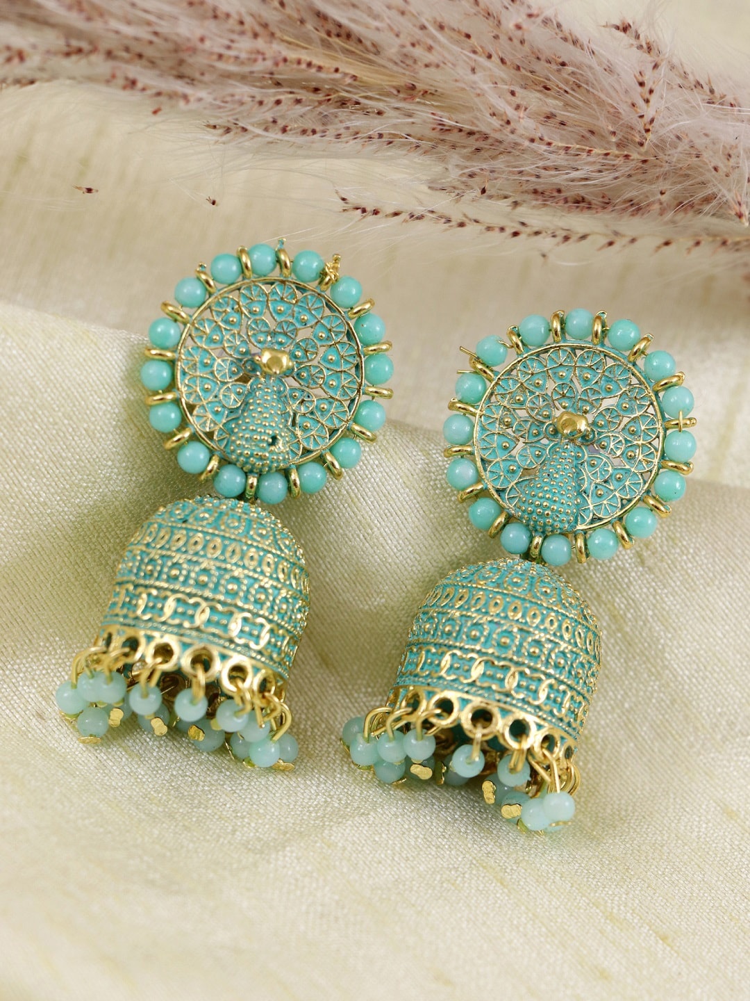 

Crunchy Fashion Blue & Gold-Toned Peacock Shaped Jhumkas Earrings