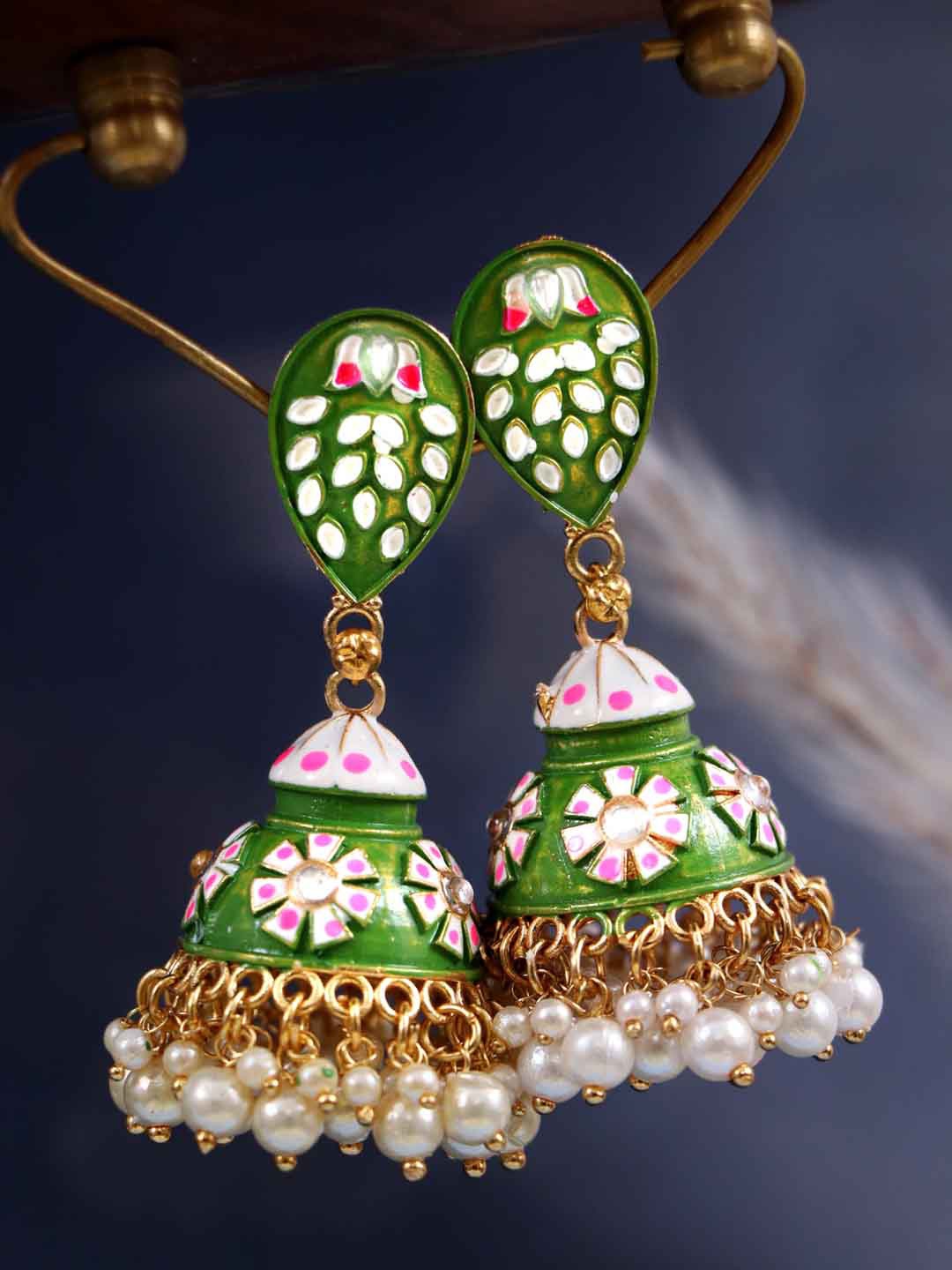 

Crunchy Fashion Gold Plated Green Classic Jhumkas Earrings