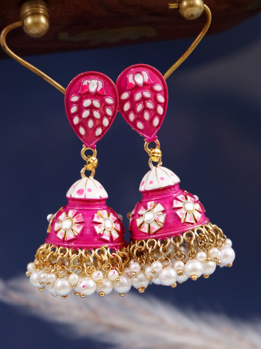 

Crunchy Fashion Pink & White Gold-Plated Contemporary Jhumkas Earrings