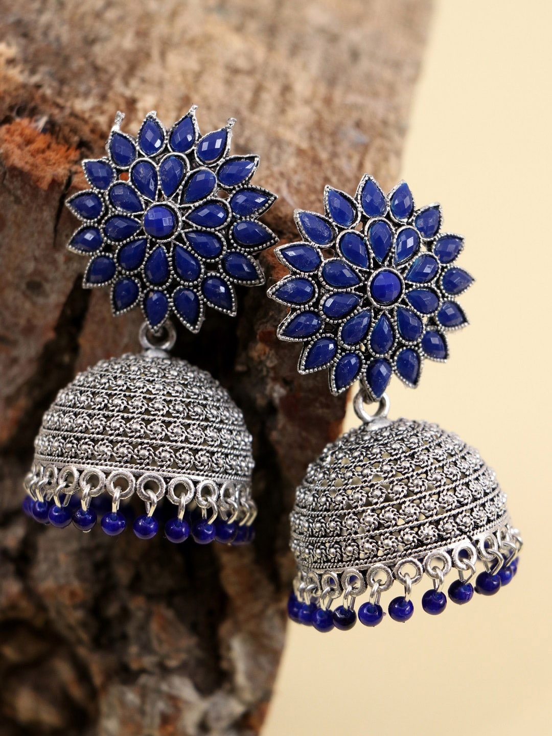 

Crunchy Fashion Silver-Plated Blue Dome Shaped Jhumkas