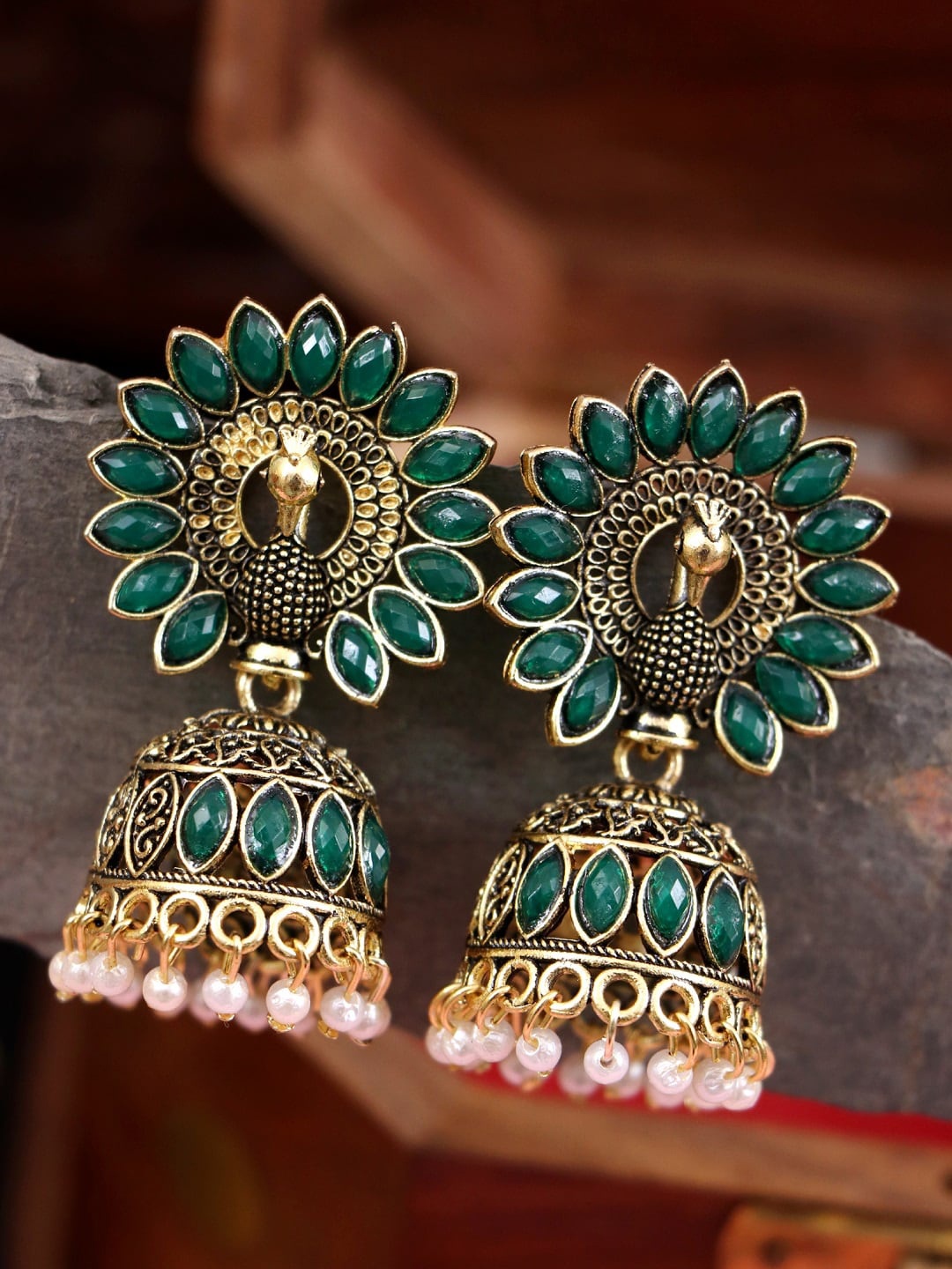 

Crunchy Fashion Gold-Plated & Green Peacock Shaped Jhumkas Earrings