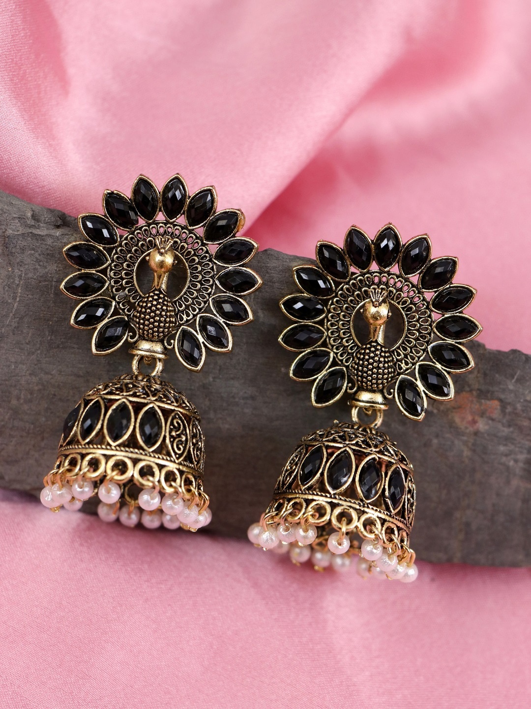 

Crunchy Fashion Black & Gold-Toned Peacock Shaped Jhumkas Earrings