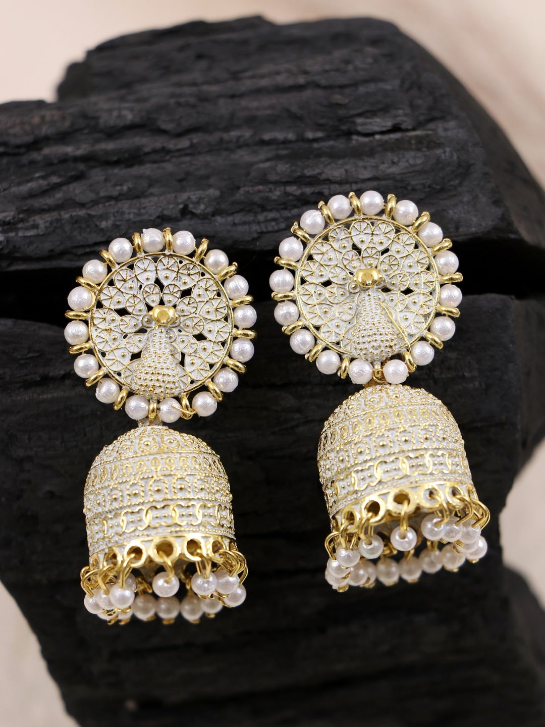 

Crunchy Fashion Gold Plated White Jhumka Earrings