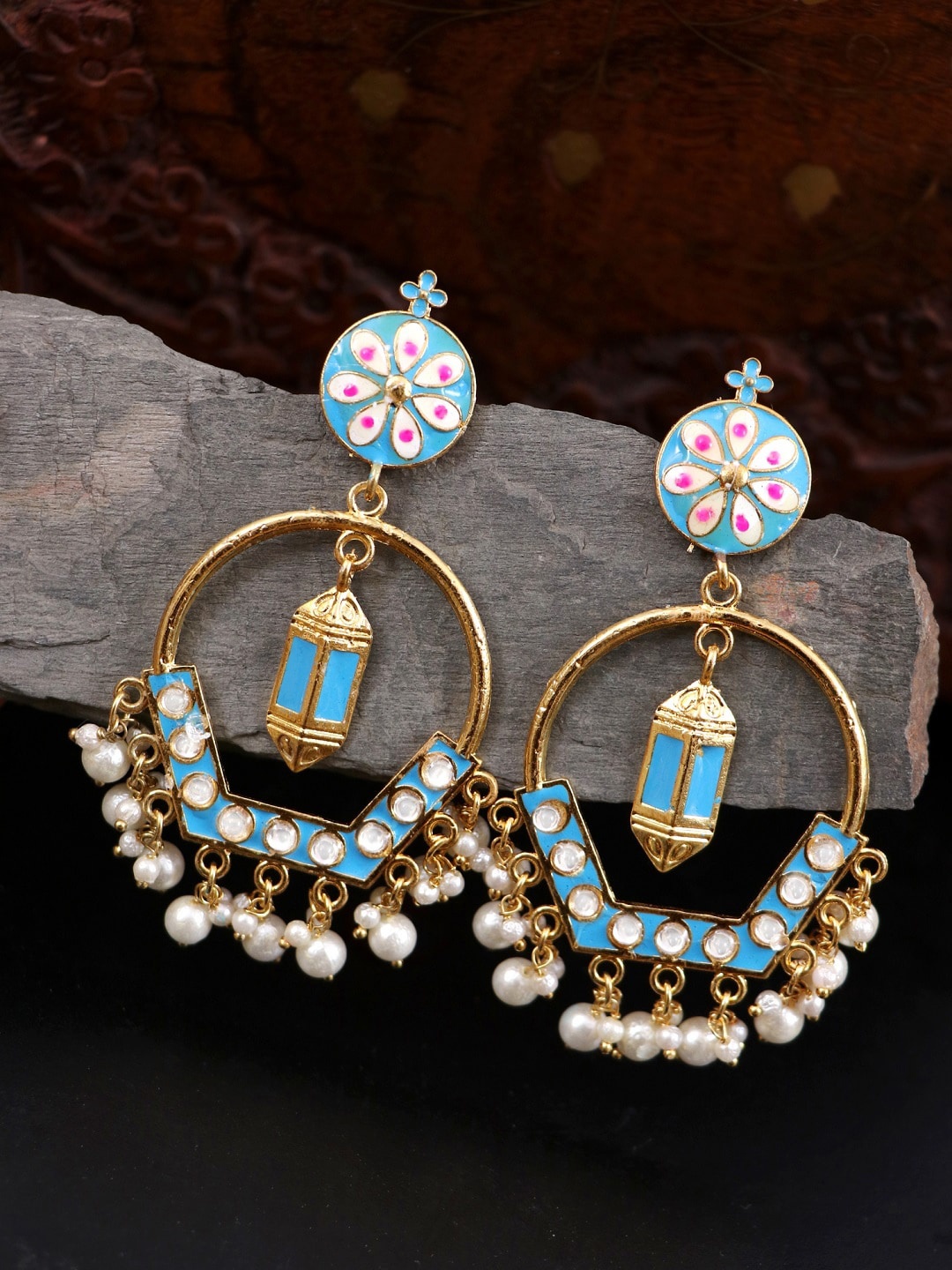 

Crunchy Fashion Gold Plated Blue Meenakari Hoop Earrings