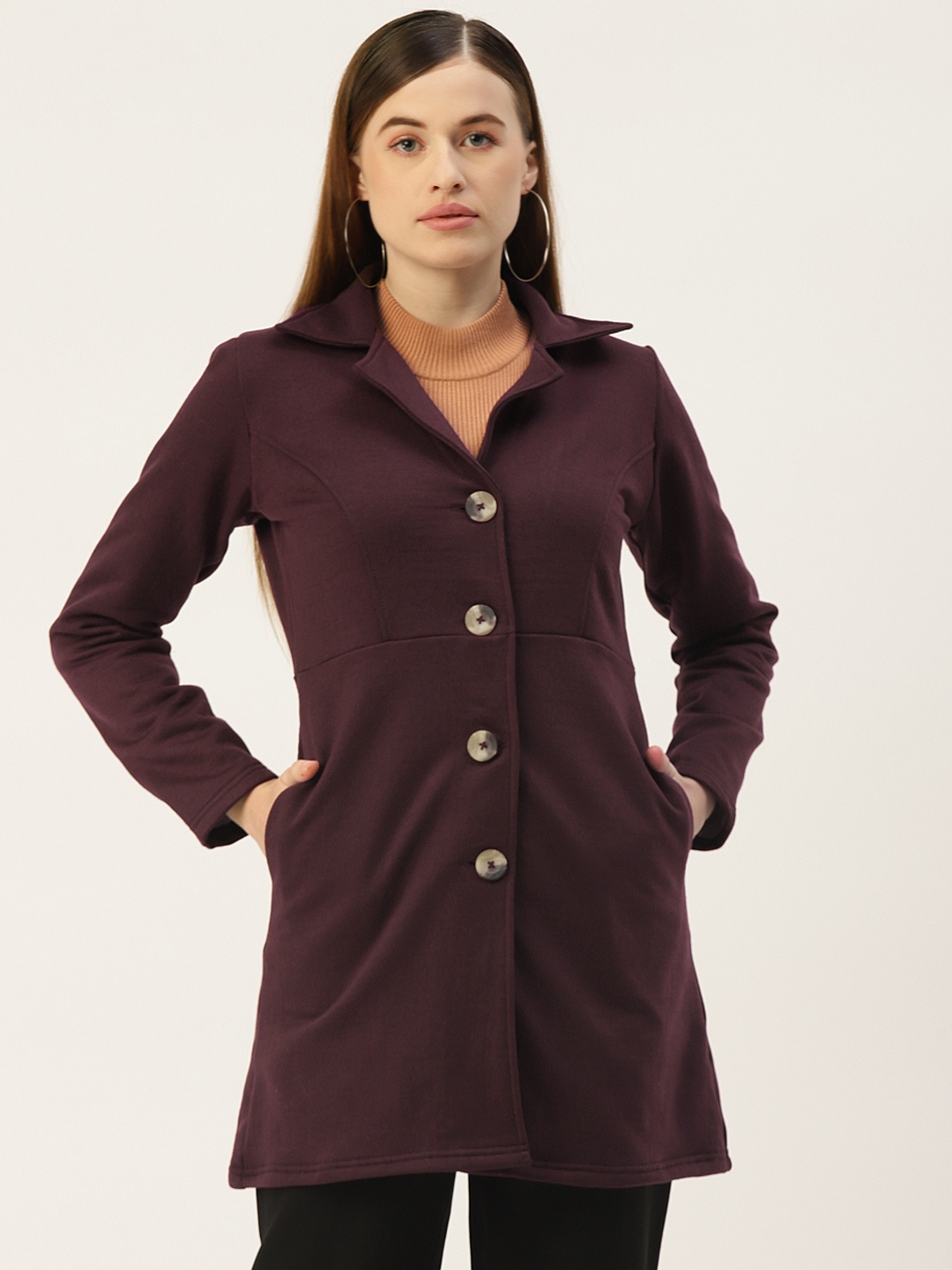 

BRINNS Women Burgundy Single-Breasted Solid Overcoat